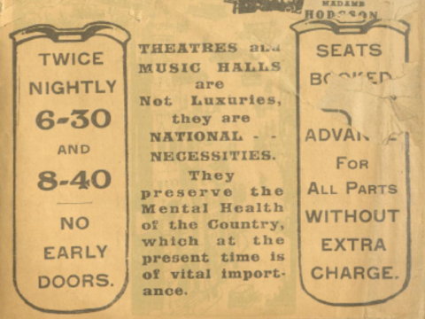 An old programme from the Alhambra Theatre during WW1 with text indicating performance times.